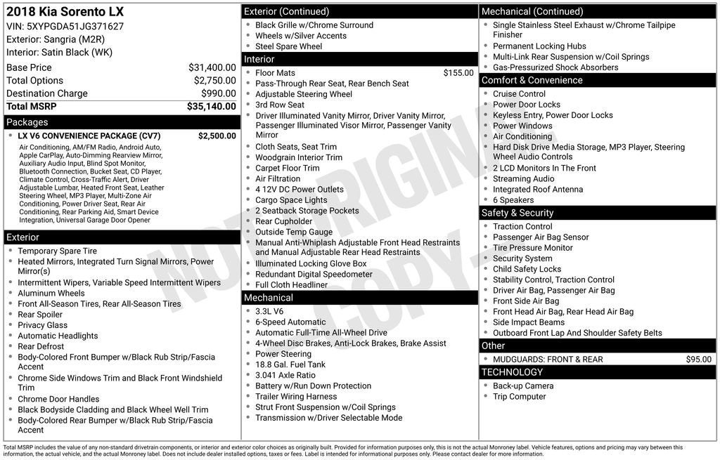 2018 Kia Sorento 3.3L LX